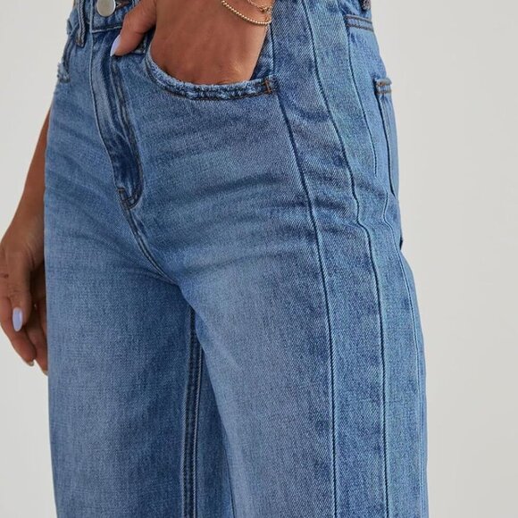 Women's Wide Leg Jeans High Waisted Strechy Raw Hem Zimbaplatinum Denim Pants - Picture 3 of 8